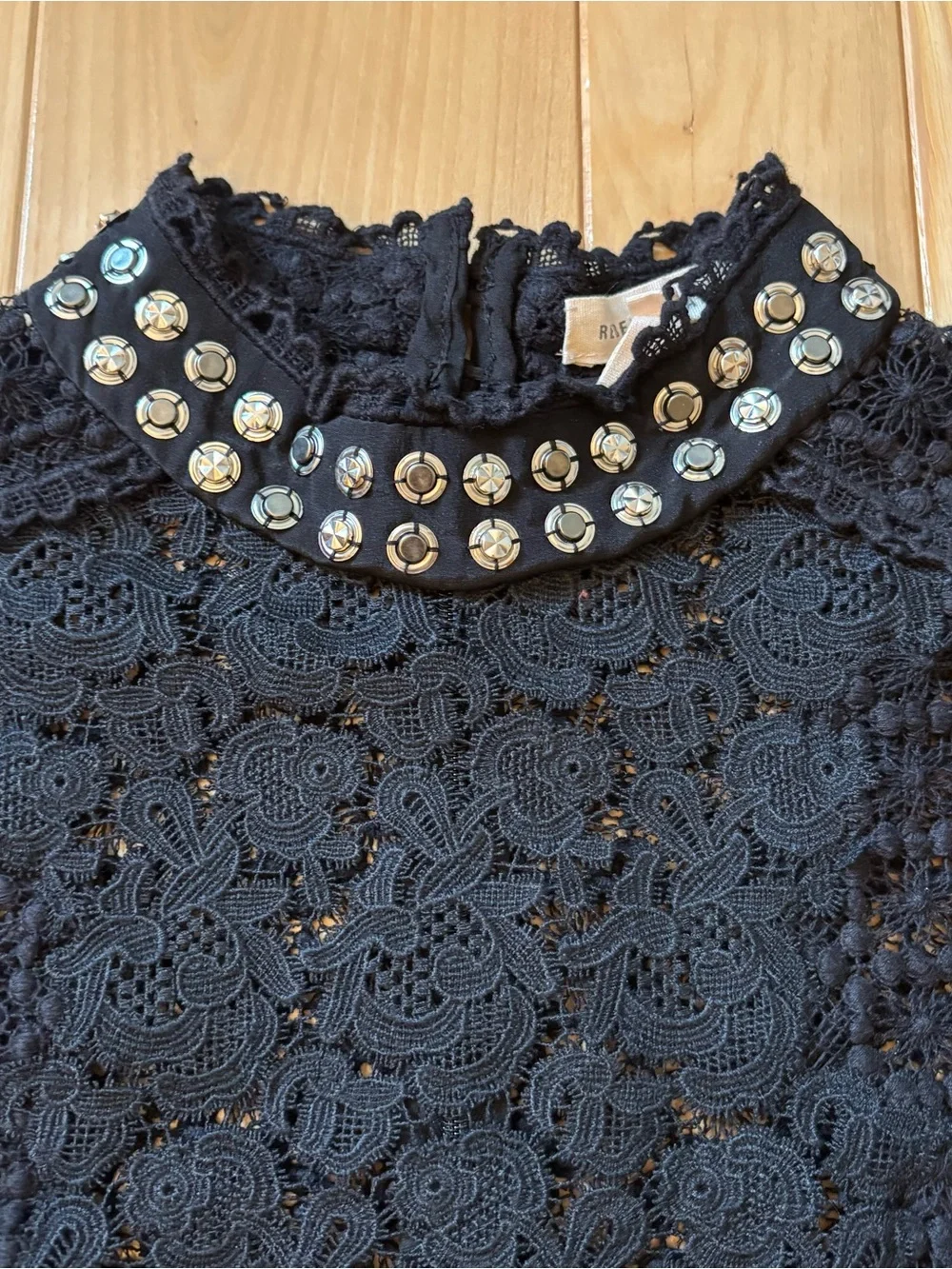 Rebecca Taylor Black Lace Embellished High Neck Long Sleeve Top